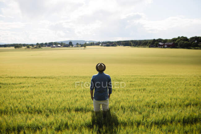 Молодий чоловік у капелюсі стоїть у полі — стокове фото