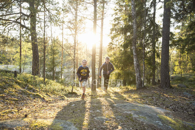 Hermanos corriendo en el bosque en la Reserva Natural de Domarudden, Suecia - foto de stock