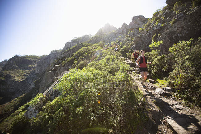 Hikers on mountain under sunshine - foto de stock