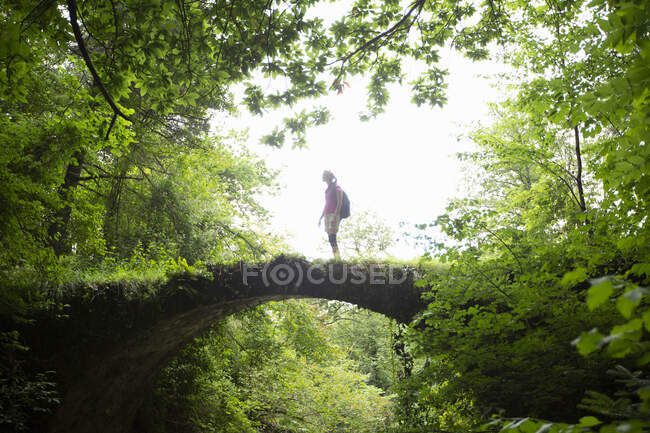 Жінка стоїть на мості в лісі. — стокове фото