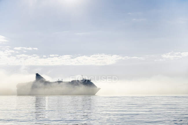 Nave da crociera nebbia sul Mar Baltico nella baia di Hoggarns, Lidingo, Svezia — Foto stock