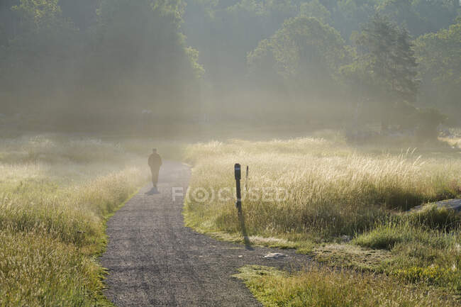 Uomo che cammina sul sentiero sotto la nebbia — Foto stock