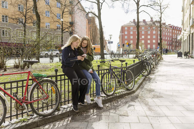 Jeunes femmes utilisant un téléphone intelligent dans le parc à Stockholm, Suède — Photo de stock
