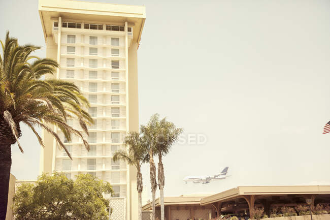 Самолет летит возле здания и пальм — стоковое фото