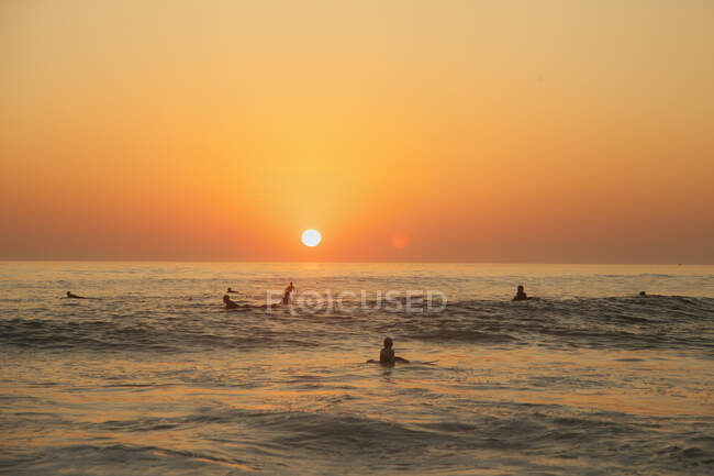 Серфери в морі під час заходу сонця. — стокове фото