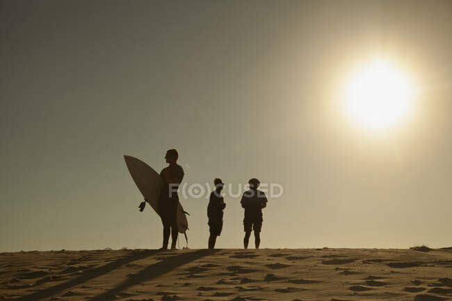 Personnes debout sur une dune de sable au coucher du soleil — Photo de stock