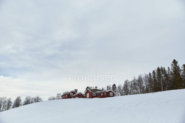 Cabañas en la colina bajo la nieve - foto de stock