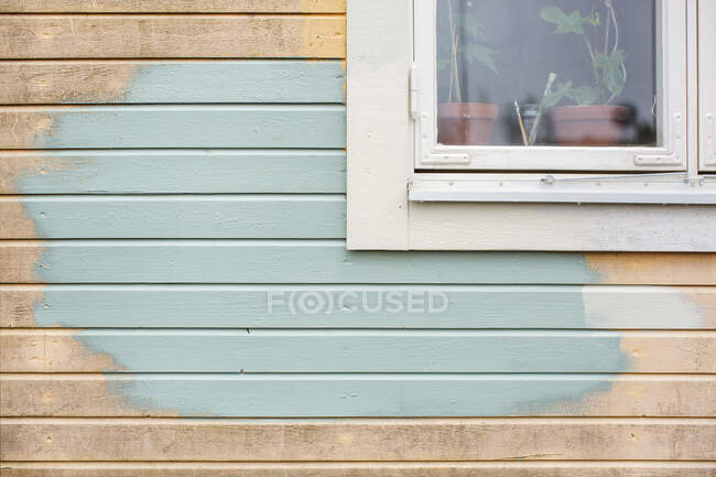 Peinture sur mur de maison en rénovation — Photo de stock