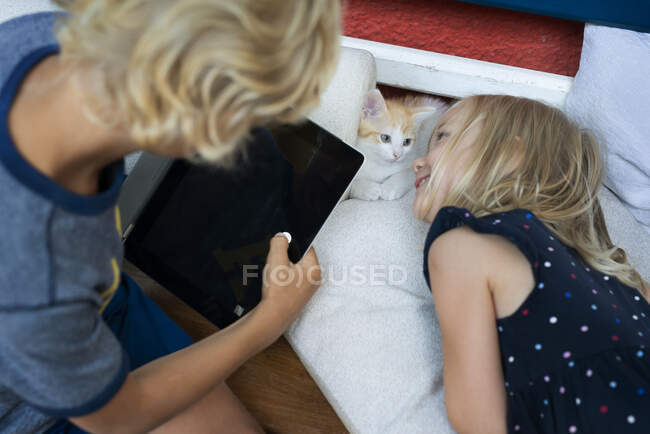 Bambini con tablet digitale che giocano con gattino — Foto stock