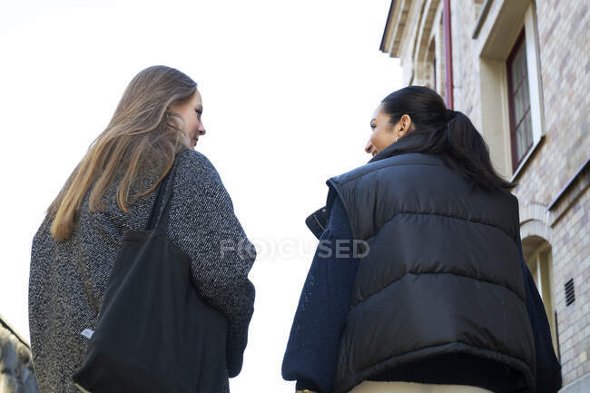 Mujeres jóvenes caminando en la ciudad - foto de stock