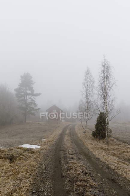 Cabaña por carretera rural durante el invierno - foto de stock