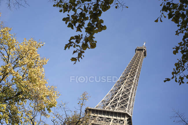 Низький кут на Ейфелеву вежу в Парижі (Франція). — стокове фото