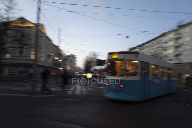 Long exposure of tram in city — Stock Photo