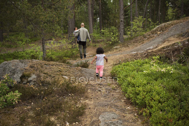 Hombre caminando con sus hijas en el bosque - foto de stock
