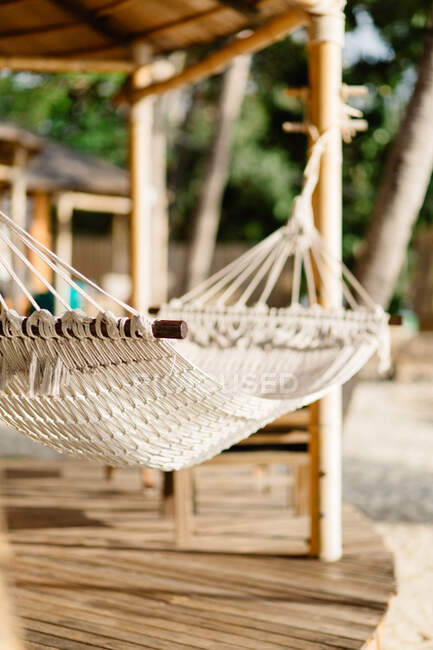 Details of cozy bungalow with hammock at resort — Stock Photo