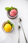 Vista superior de dois sorvetes de frutas com folhas de hortelã em tigelas — Fotografia de Stock