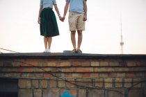 Imagen recortada de pareja de pie en el techo y tomados de la mano - foto de stock