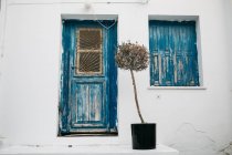 Fachada de edifício branco com porta azul e persianas em estilo rústico — Fotografia de Stock