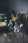 Mimosenblüten in Vase und auf rustikalem Holztisch mit Zwirn und Schere — Stockfoto