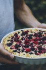Human hands holding berry streusel pie with cottage cheese — Stock Photo