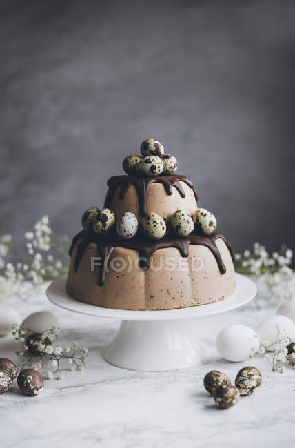 Шоколадний великодній десерт, прикрашений перепелиними яйцями на підставці для торта — стокове фото