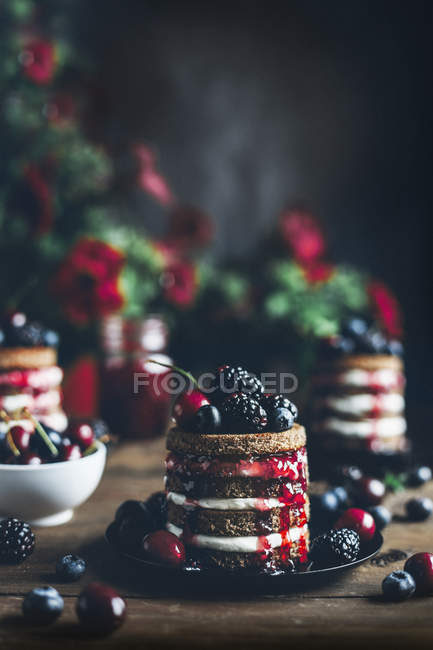 Chocolate mini cake with whipped cream and summer berry jam on plate — Stock Photo