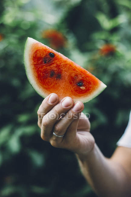 Nahaufnahme einer menschlichen Hand, die eine Scheibe Wassermelone im Freien hält — Stockfoto