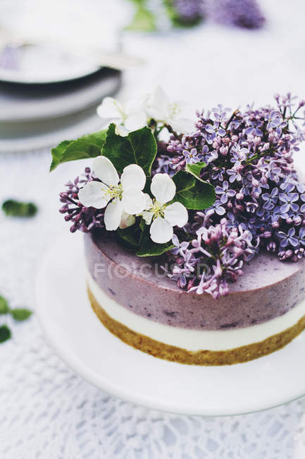 Чорниця і ванільний чізкейк прикрашені свіжими бузковими квітами на садовому столі — стокове фото