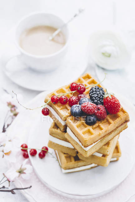 Breakfast with fruit waffles and white coffee on plate — Stock Photo