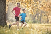 Padre e hijo corriendo en el parque de otoño - foto de stock