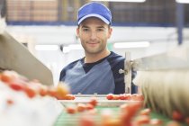 Portrait of worker at conveyor belt in food processing plant — Stock Photo