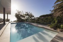 Sonniges, ruhiges Schwimmbad, umgeben von Bäumen — Stockfoto