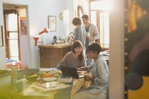 Giovani studentesse universitarie che studiano al computer portatile al tavolo della cucina — Foto stock