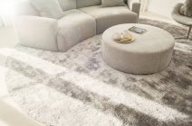 Круглий килим під вигнутим диваном і пуф у вітальні — стокове фото