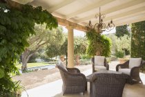 Розкішний дворик з рослинами і плетеними кріслами — стокове фото