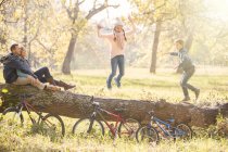 Семья играет на упавшем бревне в осеннем лесу — стоковое фото