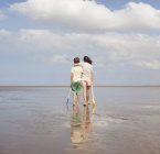 Брат и сестра с лопатами обнимаются и смотрят на солнечный океан — стоковое фото