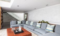 Home Vitrine Interieur Wohnzimmer mit langen Schnitt Sofa — Stockfoto