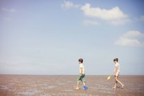 Irmão e irmã com pás na areia molhada na praia ensolarada de verão abaixo do céu azul — Fotografia de Stock