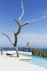 Жінка стоїть на балконі біля басейну з видом на океан — стокове фото