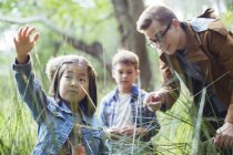 Students and teacher examining grass in forest — Stock Photo