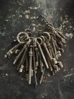 Rusted old-fashioned keys on ring — Stock Photo