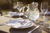 Лавандовая веточка на тарелке на солнечном столике в патио — стоковое фото