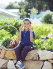 Мальчик с корзиной продуктов в саду — стоковое фото