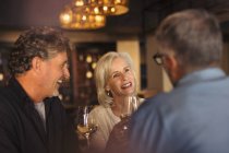 Freunde trinken Weißwein und unterhalten sich im Restaurant — Stockfoto