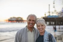 Porträt eines lächelnden Seniorehepaares am Strand — Stockfoto
