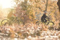 Boy and girl riding bikes in autumn leaves — Stock Photo