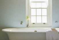 Soaking tub below window in luxury bathroom — Stock Photo