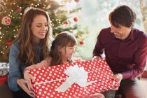 Pais dando grande presente de Natal para a filha na frente da árvore de Natal — Fotografia de Stock