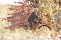Ragazzo in bicicletta nel bosco con foglie autunnali — Foto stock
